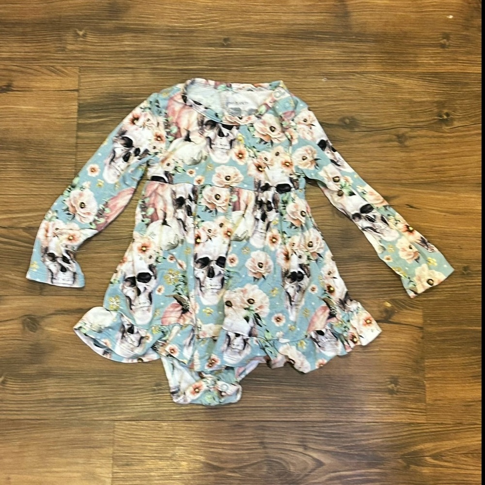 Posh Peanut Rosie Green Skull Flowers Long Sleeve Ruffled Bodysuit